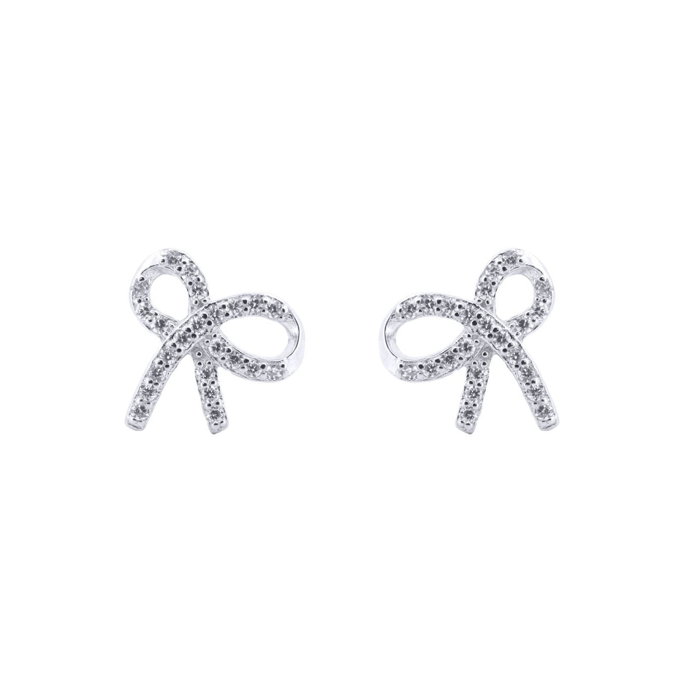 Silver  Round CZ Ribbon Bow Tie Stud Earrings - AES208