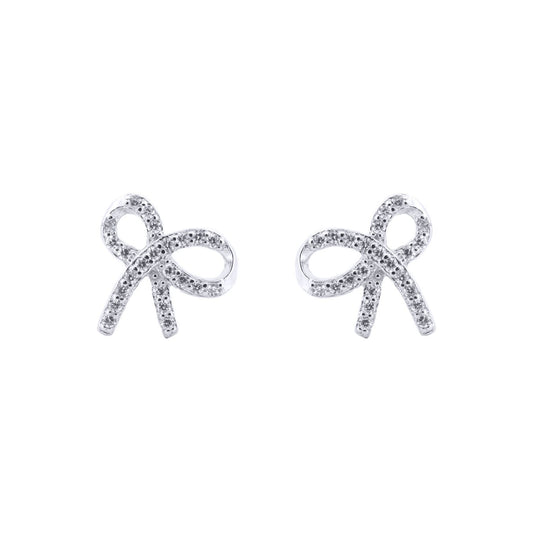 Silver  Round CZ Ribbon Bow Tie Stud Earrings - AES208