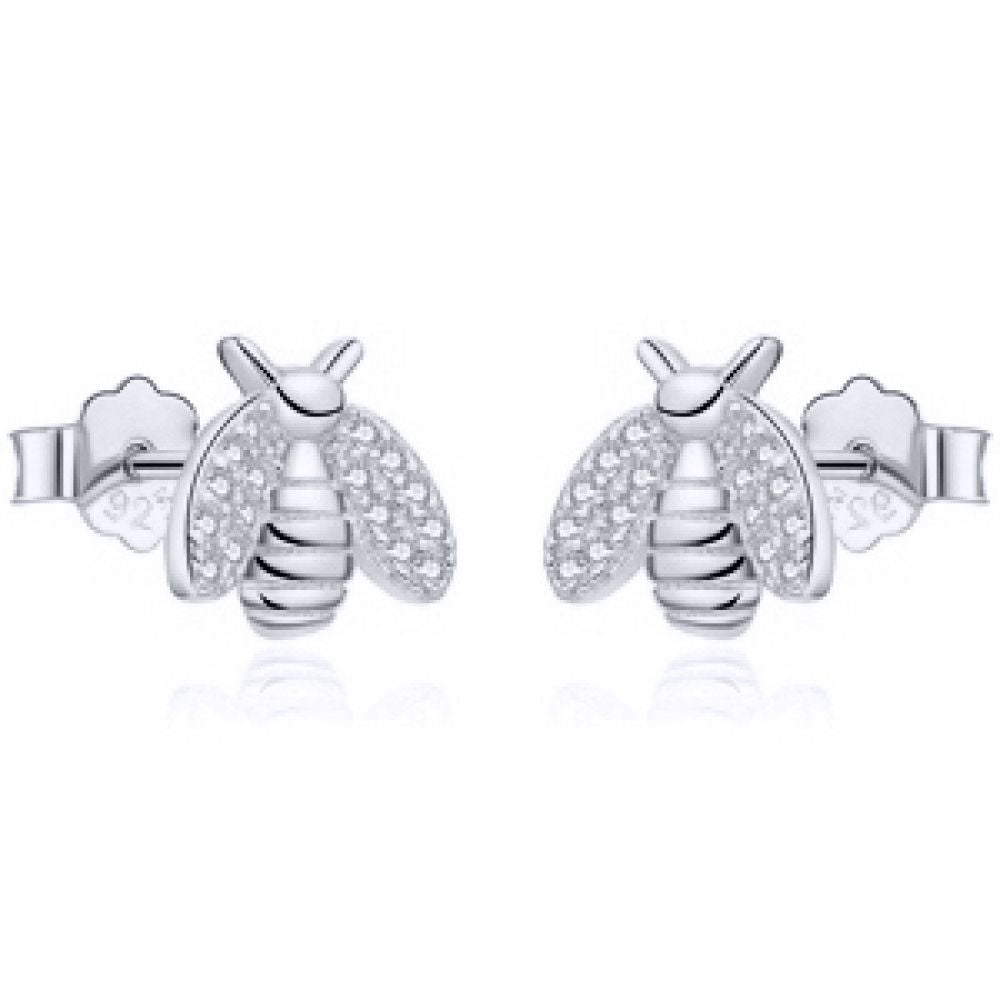 Rhodium-plated Silver  Round CZ Honey Busy Bees Stud Earrings - AES210