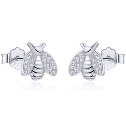 Rhodium-plated Silver  Round CZ Honey Busy Bees Stud Earrings - AES210