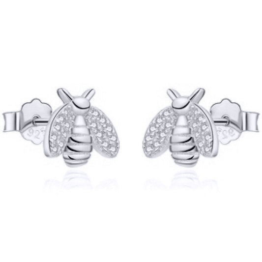 Rhodium-plated Silver  Round CZ Honey Busy Bees Stud Earrings - AES210