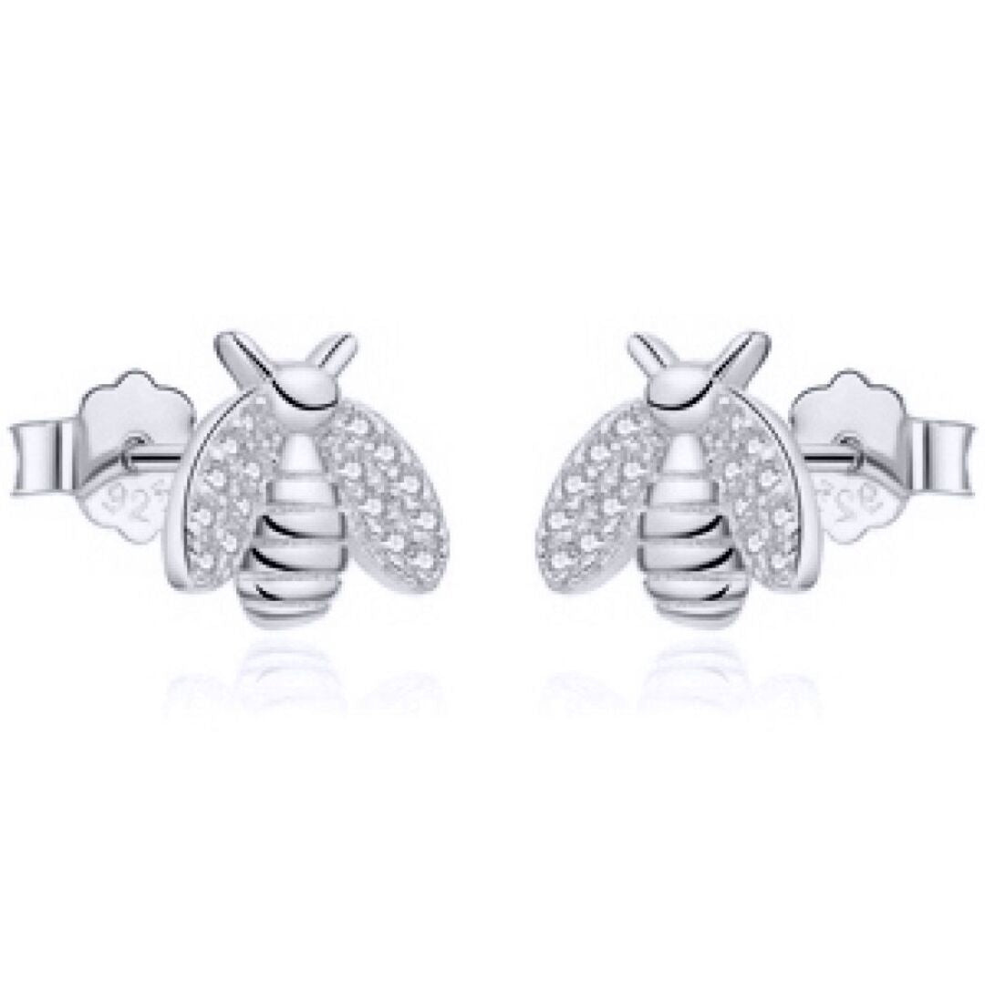 Rhodium-plated Silver  Round CZ Honey Busy Bees Stud Earrings - AES210