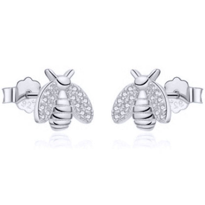 Rhodium-plated Silver  Round CZ Honey Busy Bees Stud Earrings - AES210