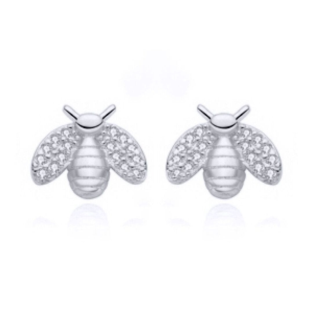 Rhodium-plated Silver  Round CZ Honey Busy Bees Stud Earrings - AES210