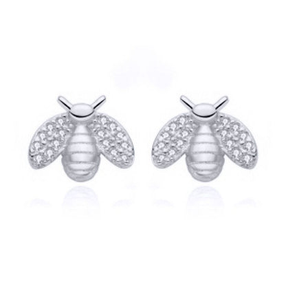 Rhodium-plated Silver  Round CZ Honey Busy Bees Stud Earrings - AES210