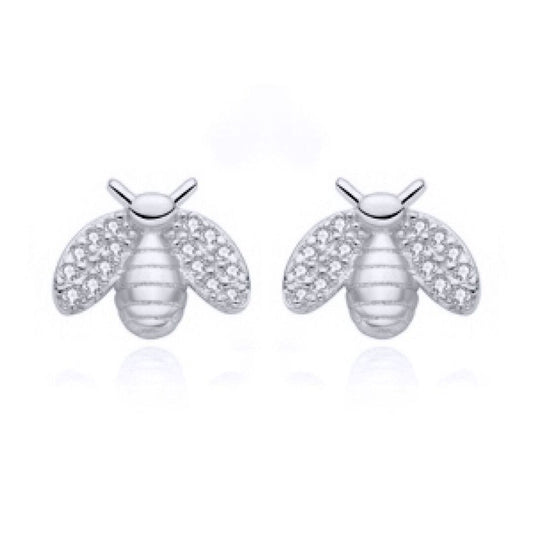 Rhodium-plated Silver  Round CZ Honey Busy Bees Stud Earrings - AES210