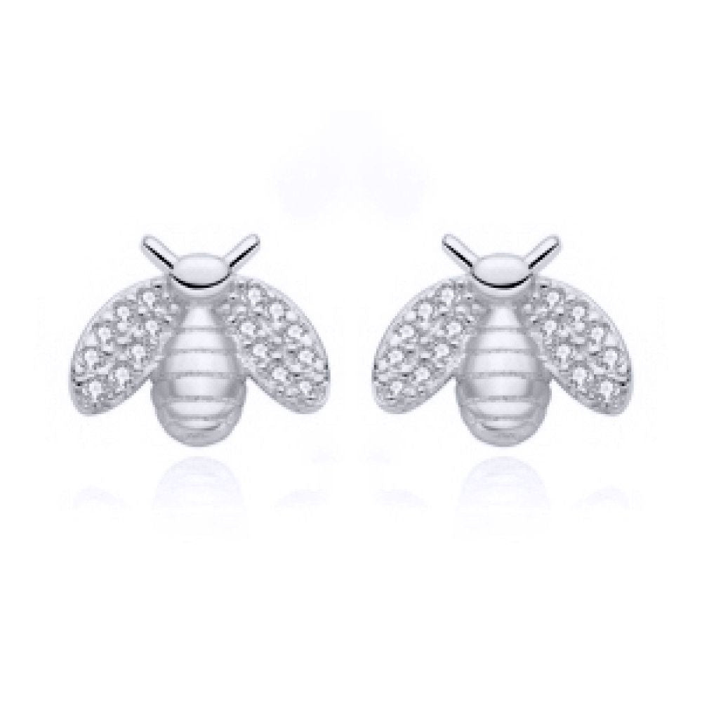 Rhodium-plated Silver  Round CZ Honey Busy Bees Stud Earrings - AES210