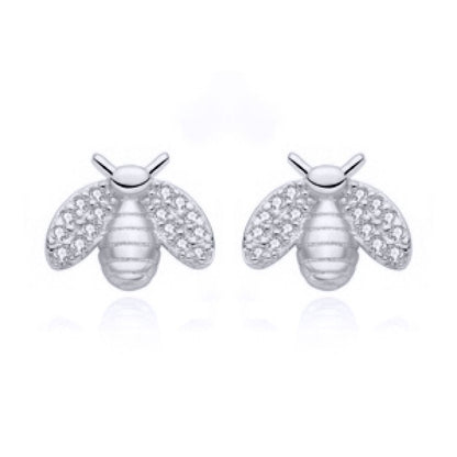 Rhodium-plated Silver  Round CZ Honey Busy Bees Stud Earrings - AES210