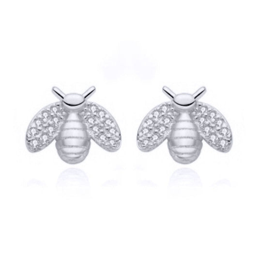 Rhodium-plated Silver  Round CZ Honey Busy Bees Stud Earrings - AES210