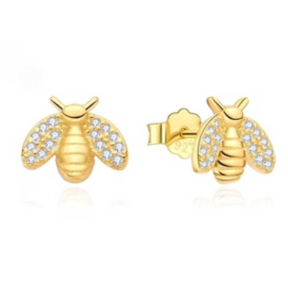 14k Gold-plated Silver  Round CZ Honey Busy Bees Stud Earrings - AES210