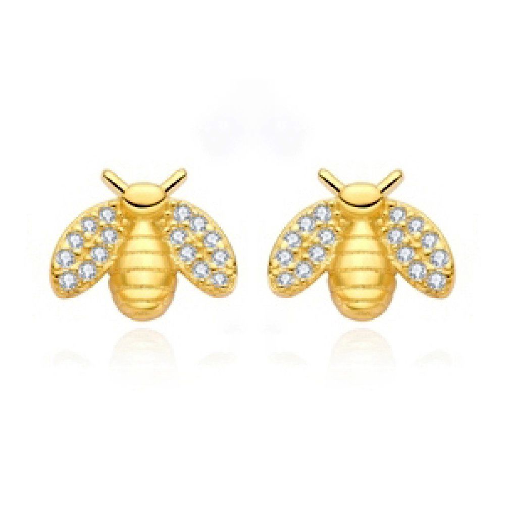 14k Gold-plated Silver  Round CZ Honey Busy Bees Stud Earrings - AES210