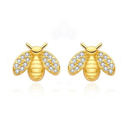 14k Gold-plated Silver  Round CZ Honey Busy Bees Stud Earrings - AES210