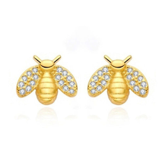 14k Gold-plated Silver  Round CZ Honey Busy Bees Stud Earrings - AES210