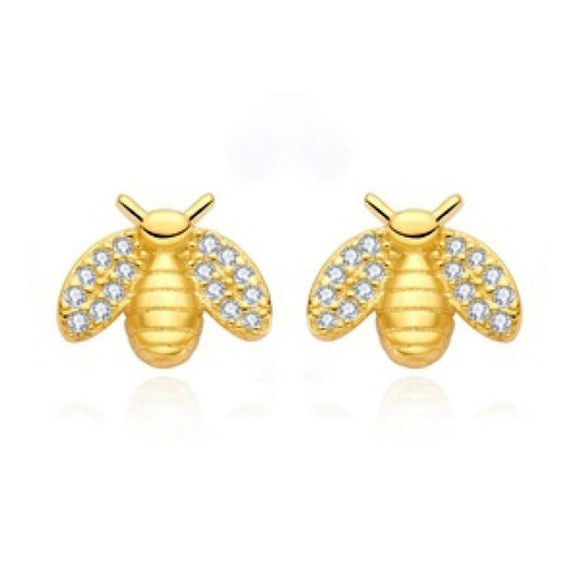 14k Gold-plated Silver  Round CZ Honey Busy Bees Stud Earrings - AES210