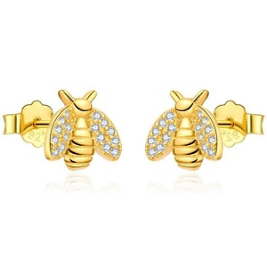 14k Gold-plated Silver  Round CZ Honey Busy Bees Stud Earrings - AES210