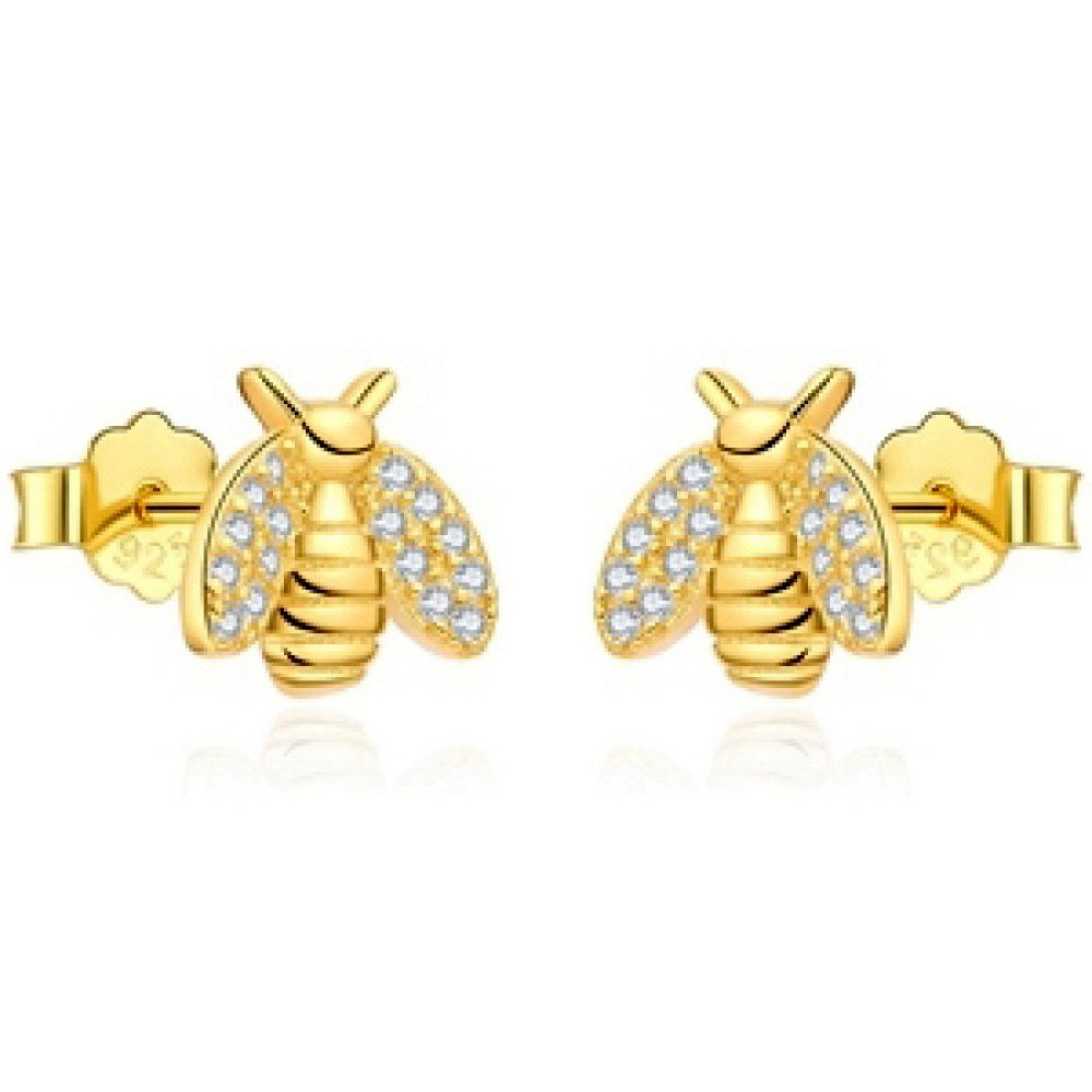 14k Gold-plated Silver  Round CZ Honey Busy Bees Stud Earrings - AES210