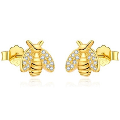 14k Gold-plated Silver  Round CZ Honey Busy Bees Stud Earrings - AES210
