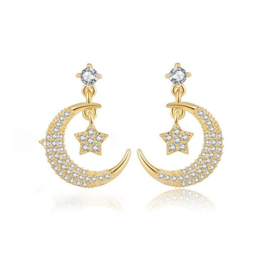 Gold-plated Silver  CZ Star Crescent Moon Solitaire Drop Earrings - AES211