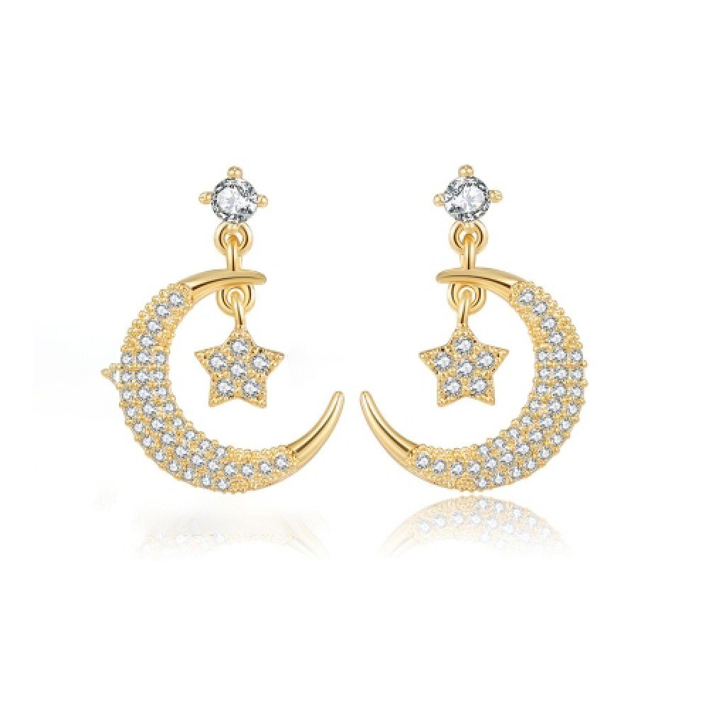 Gold-plated Silver  CZ Star Crescent Moon Solitaire Drop Earrings - AES211
