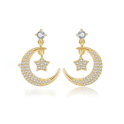 Gold-plated Silver  CZ Star Crescent Moon Solitaire Drop Earrings - AES211