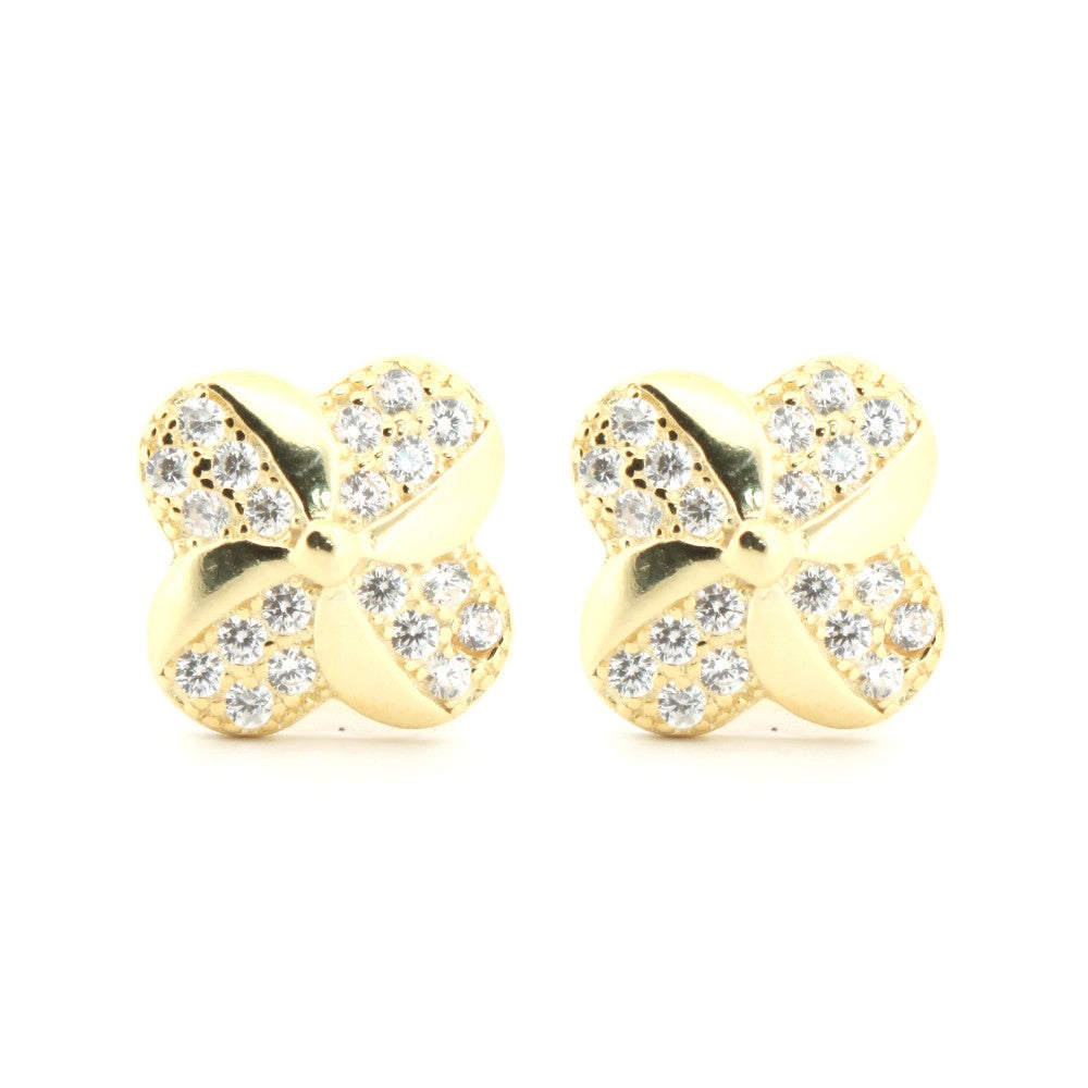 14k Gold-plated Silver  Round CZ Quatrefoil Clover Stud Earrings - AES212