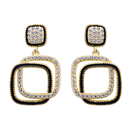 Gold-plated Silver  CZ Interlocked Squares Copy Icon Drop Earrings - AES214