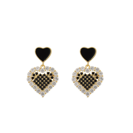 14k Gold-plated Silver  Black CZ Love Hearts Drop Earrings - AES217