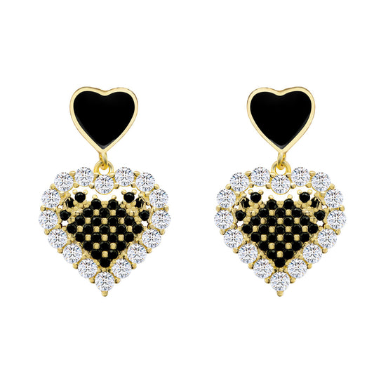 14k Gold-plated Silver  Black CZ Love Hearts Drop Earrings - AES217