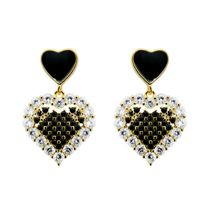 14k Gold-plated Silver  Black CZ Love Hearts Drop Earrings - AES217