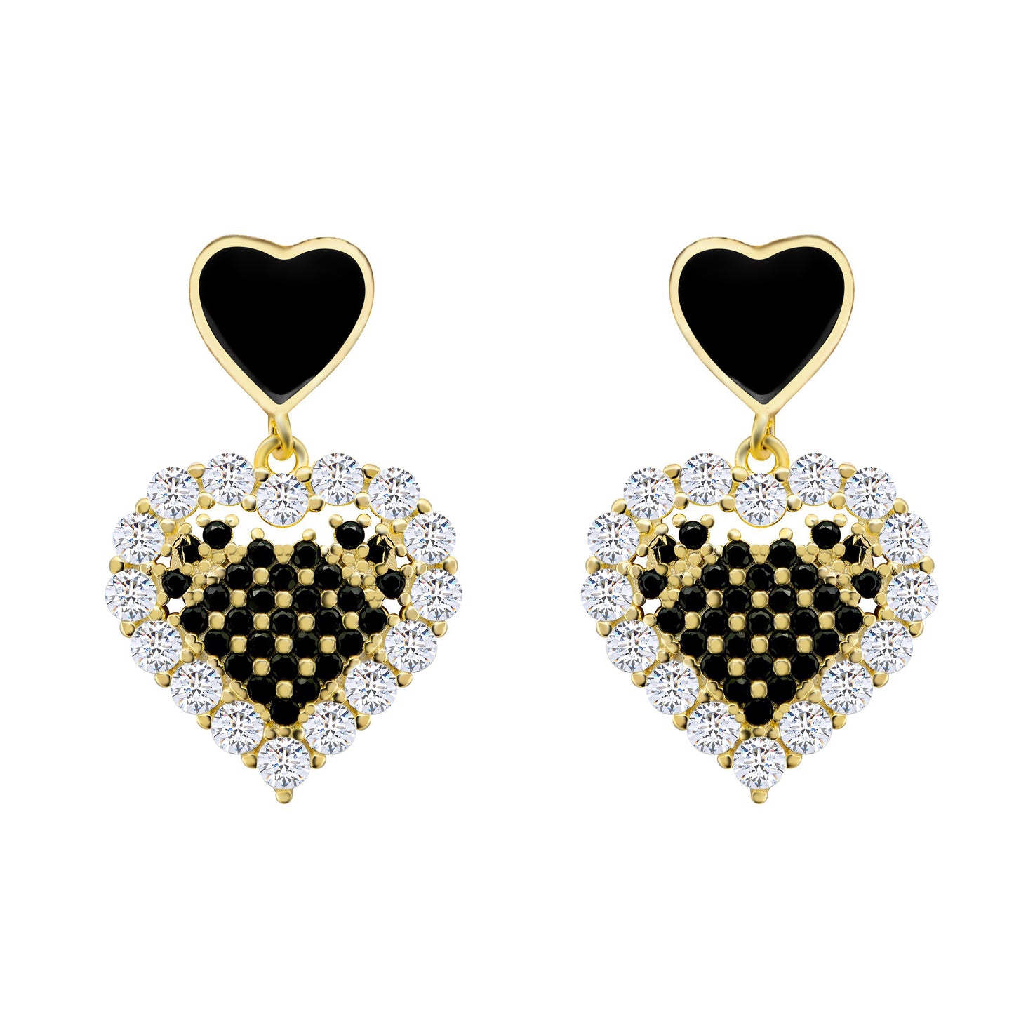 14k Gold-plated Silver  Black CZ Love Hearts Drop Earrings - AES217