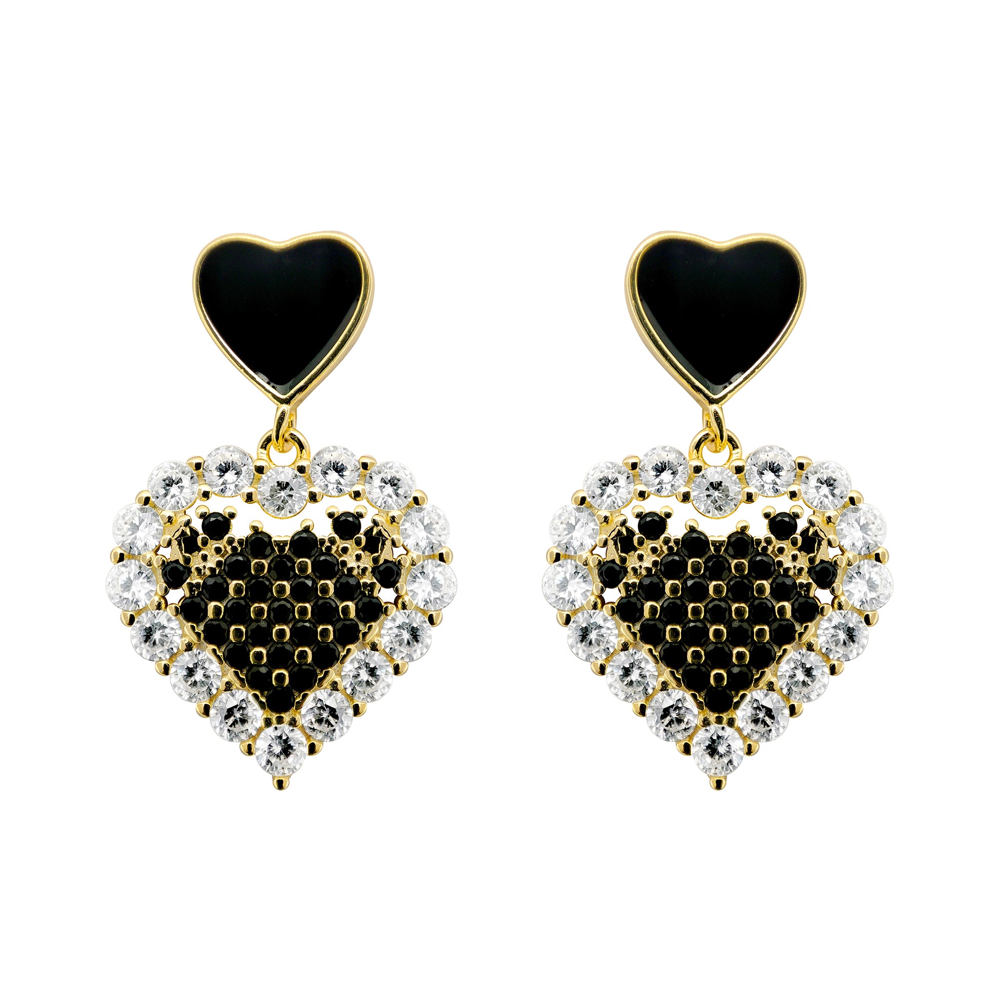 14k Gold-plated Silver  Black CZ Love Hearts Drop Earrings - AES217