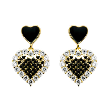 14k Gold-plated Silver  Black CZ Love Hearts Drop Earrings - AES217