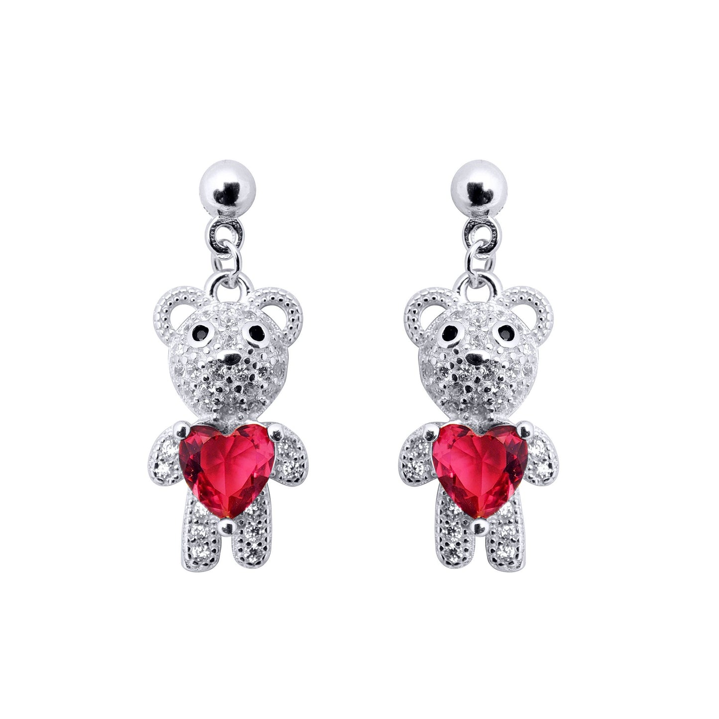 Rhodium-plated Silver  Red Heart CZ Teddy Bears Love Drop Earrings - AES218