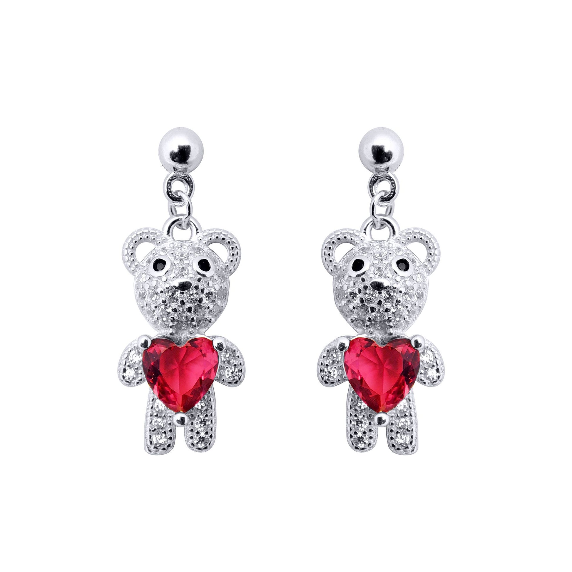 Rhodium-plated Silver  Red Heart CZ Teddy Bears Love Drop Earrings - AES218