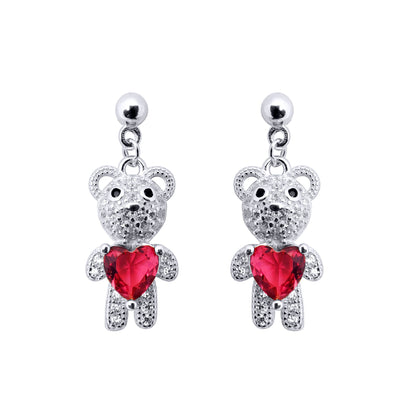 Rhodium-plated Silver  Red Heart CZ Teddy Bears Love Drop Earrings - AES218
