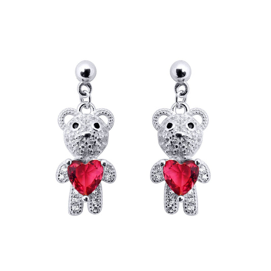 Rhodium-plated Silver  Red Heart CZ Teddy Bears Love Drop Earrings - AES218