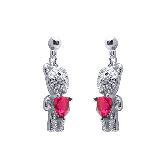 Rhodium-plated Silver  Red Heart CZ Teddy Bears Love Drop Earrings - AES218