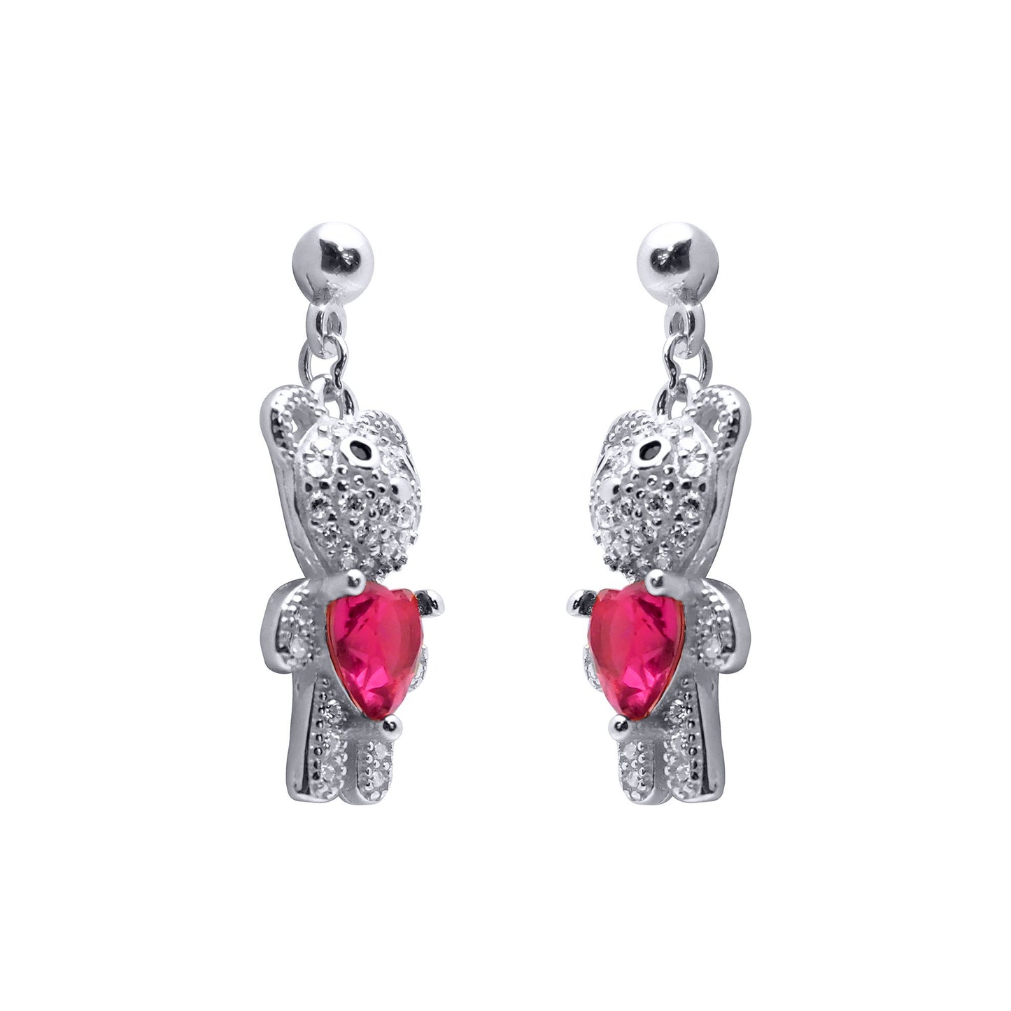 Rhodium-plated Silver  Red Heart CZ Teddy Bears Love Drop Earrings - AES218