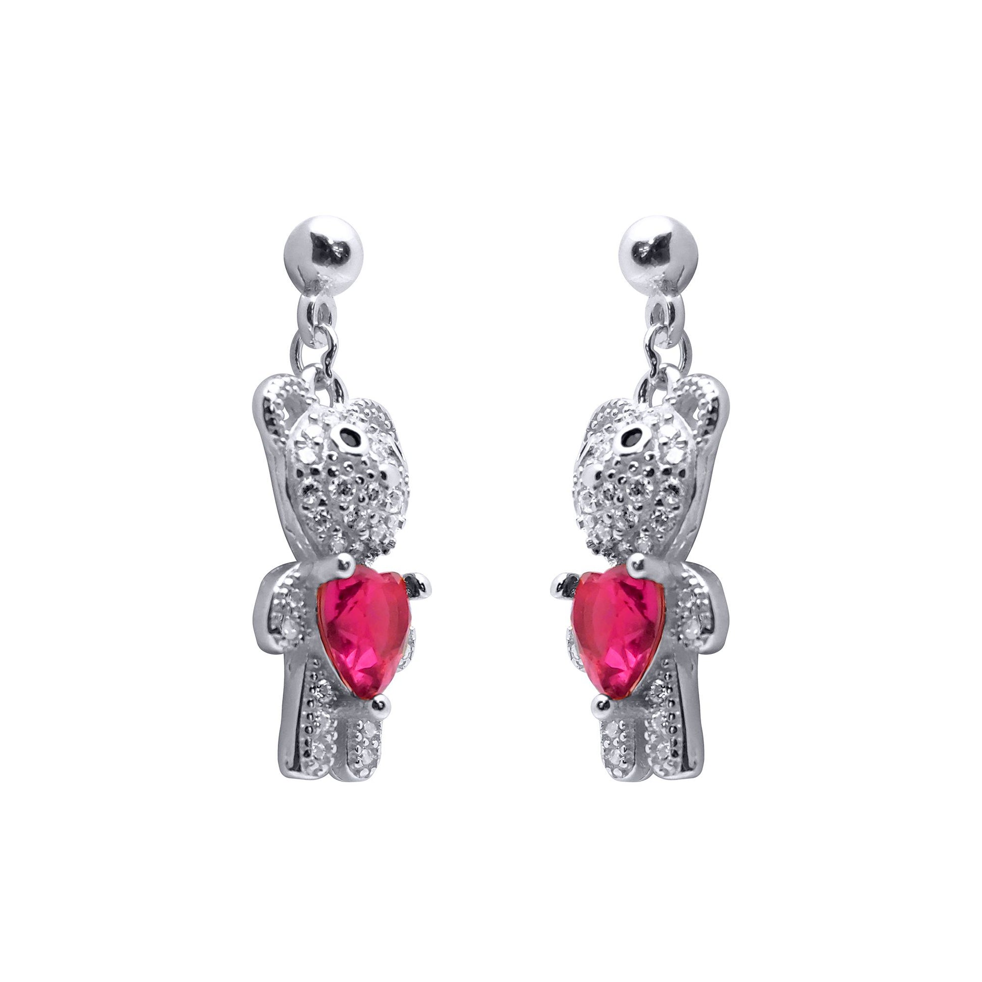Rhodium-plated Silver  Red Heart CZ Teddy Bears Love Drop Earrings - AES218