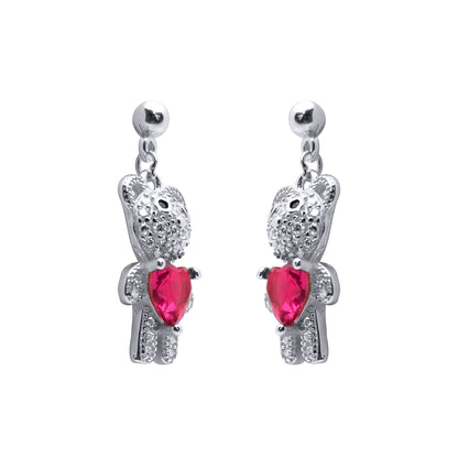 Rhodium-plated Silver  Red Heart CZ Teddy Bears Love Drop Earrings - AES218