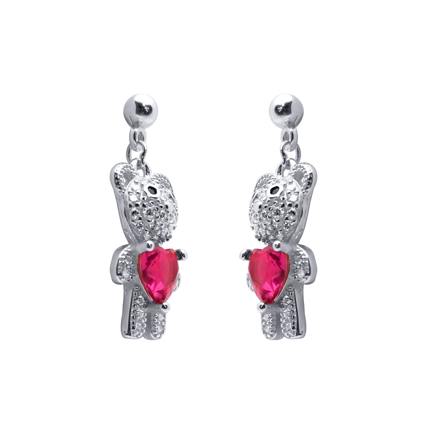 Rhodium-plated Silver  Red Heart CZ Teddy Bears Love Drop Earrings - AES218
