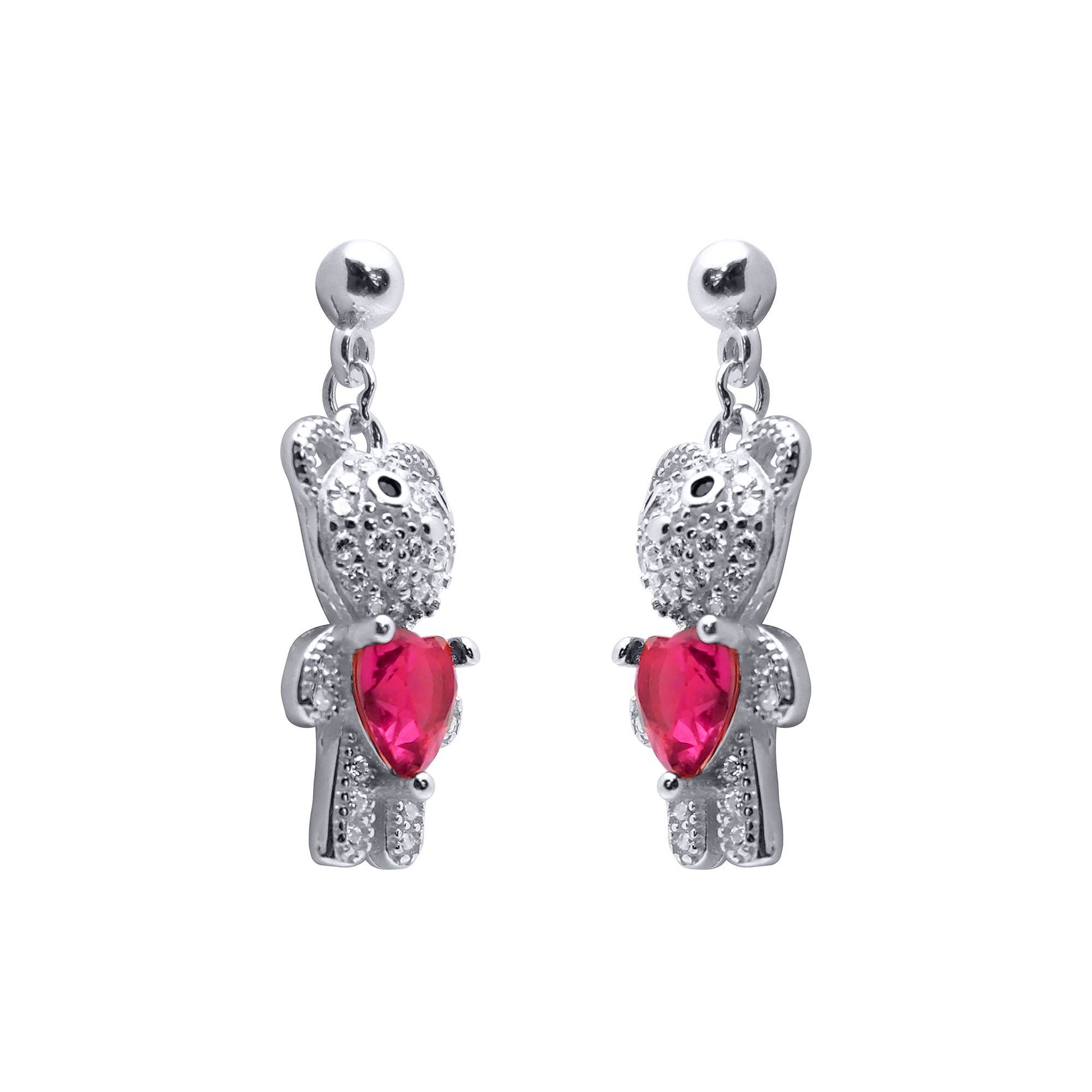Rhodium-plated Silver  Red Heart CZ Teddy Bears Love Drop Earrings - AES218