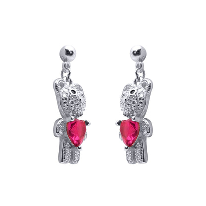 Rhodium-plated Silver  Red Heart CZ Teddy Bears Love Drop Earrings - AES218