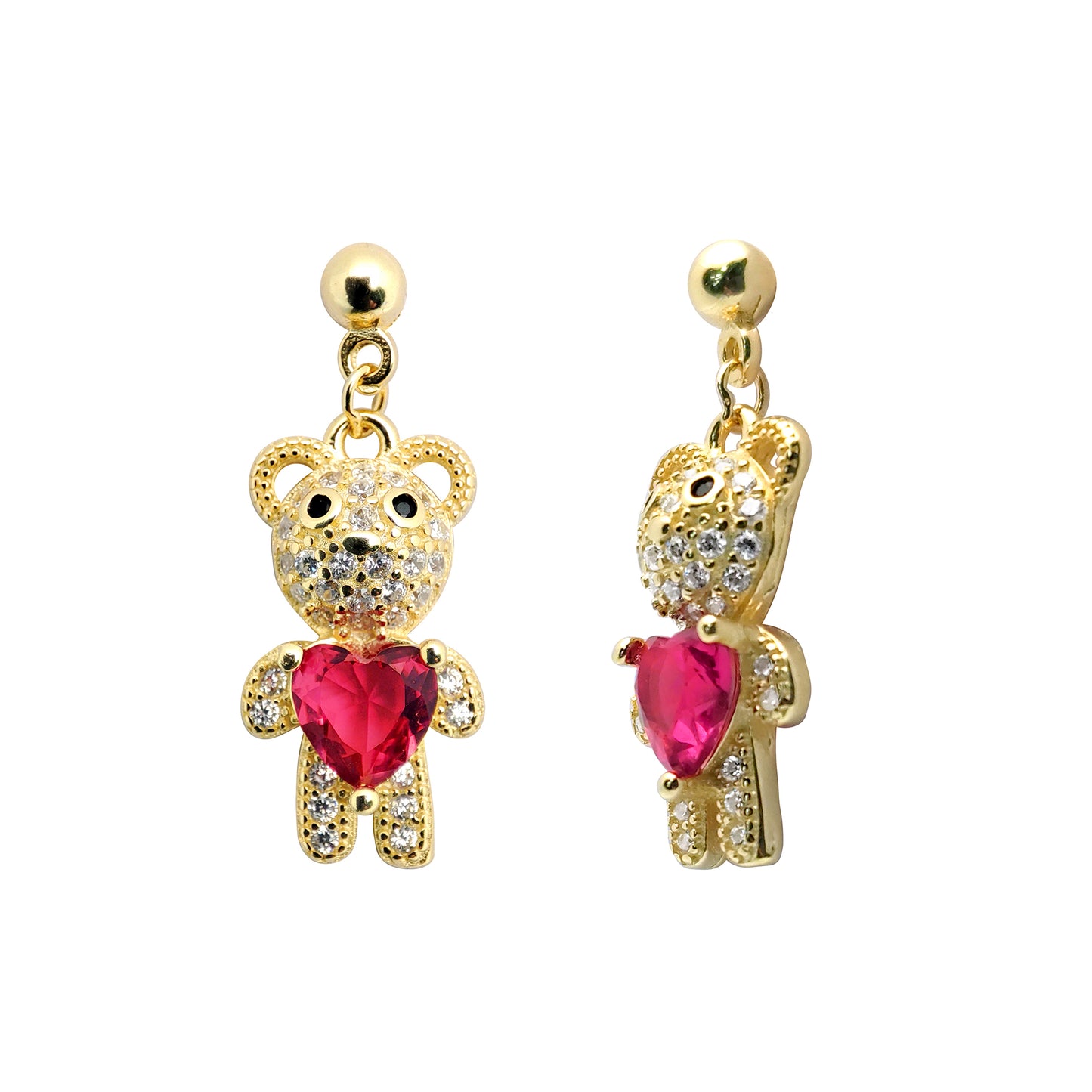 Gold-plated Silver  Red Heart CZ Teddy Bears Love Drop Earrings - AES218