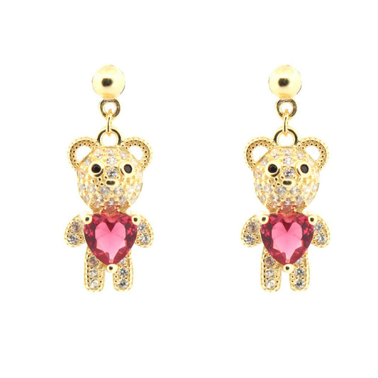 Gold-plated Silver  Red Heart CZ Teddy Bears Love Drop Earrings - AES218