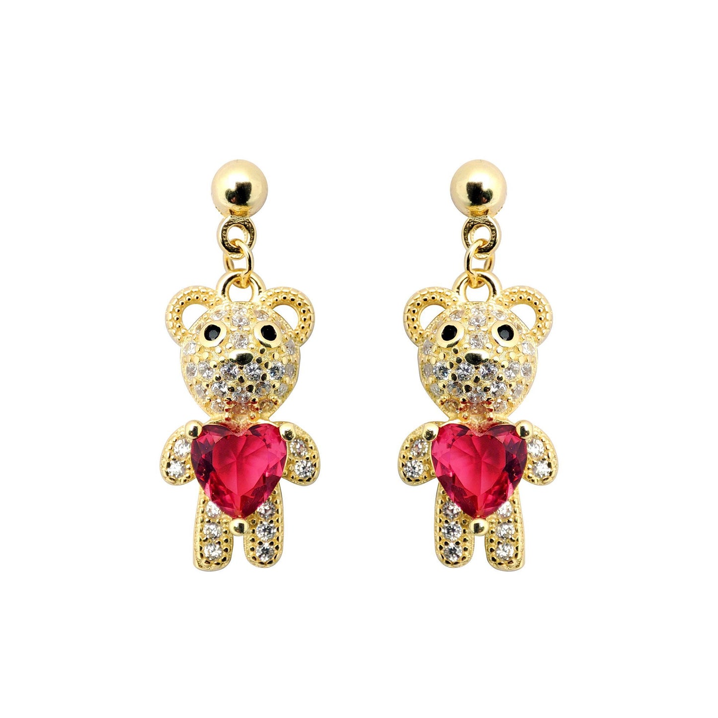 Gold-plated Silver  Red Heart CZ Teddy Bears Love Drop Earrings - AES218
