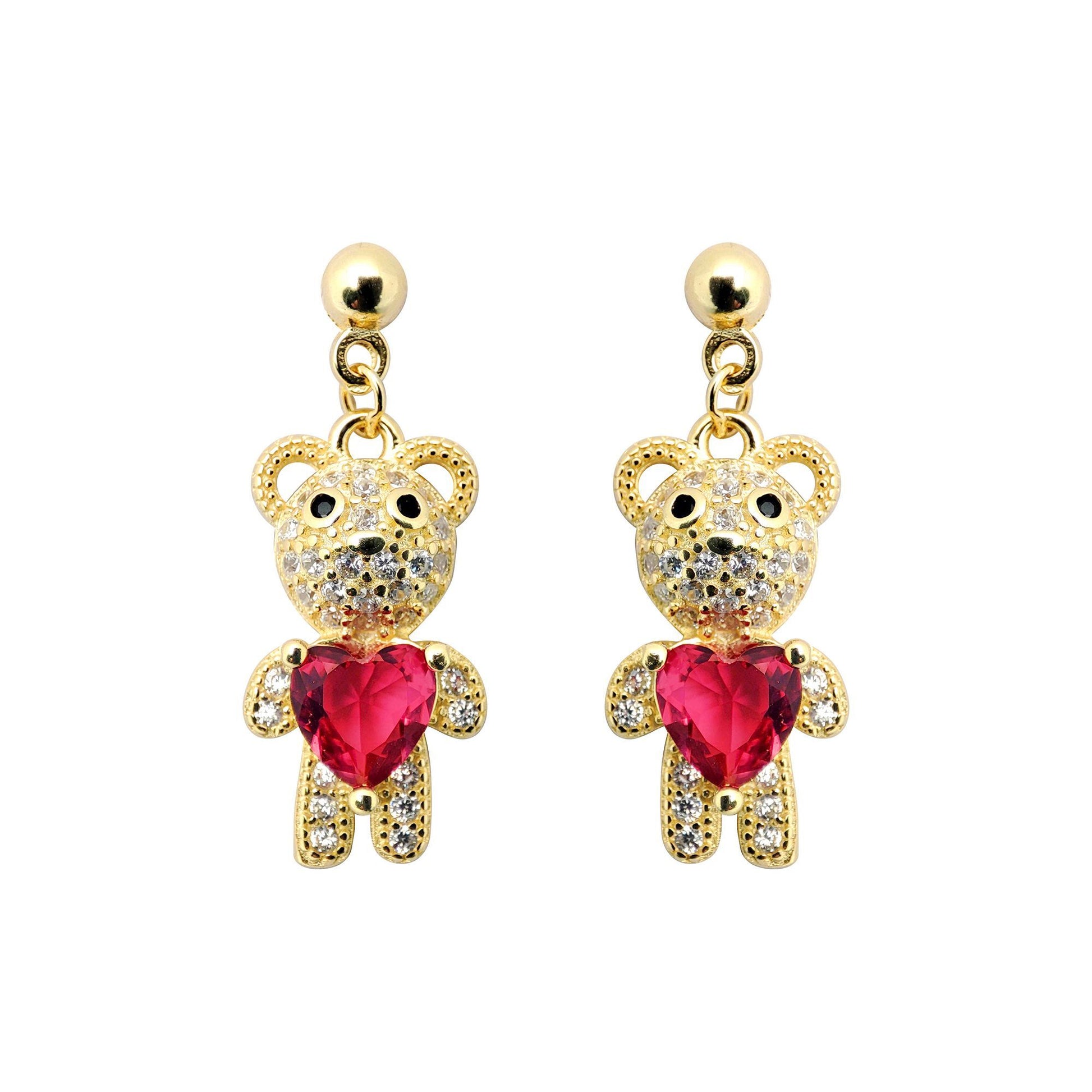 Gold-plated Silver  Red Heart CZ Teddy Bears Love Drop Earrings - AES218