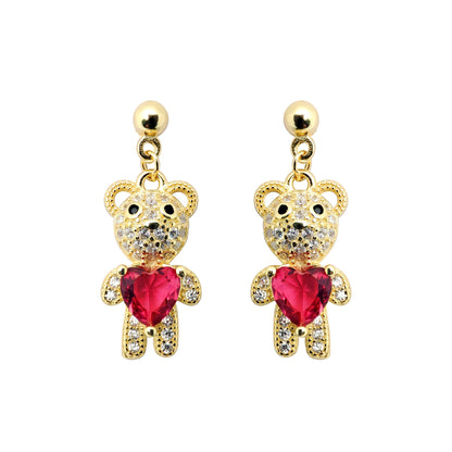 Gold-plated Silver  Red Heart CZ Teddy Bears Love Drop Earrings - AES218