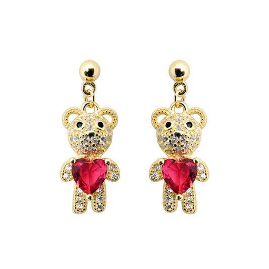 Gold-plated Silver  Red Heart CZ Teddy Bears Love Drop Earrings - AES218