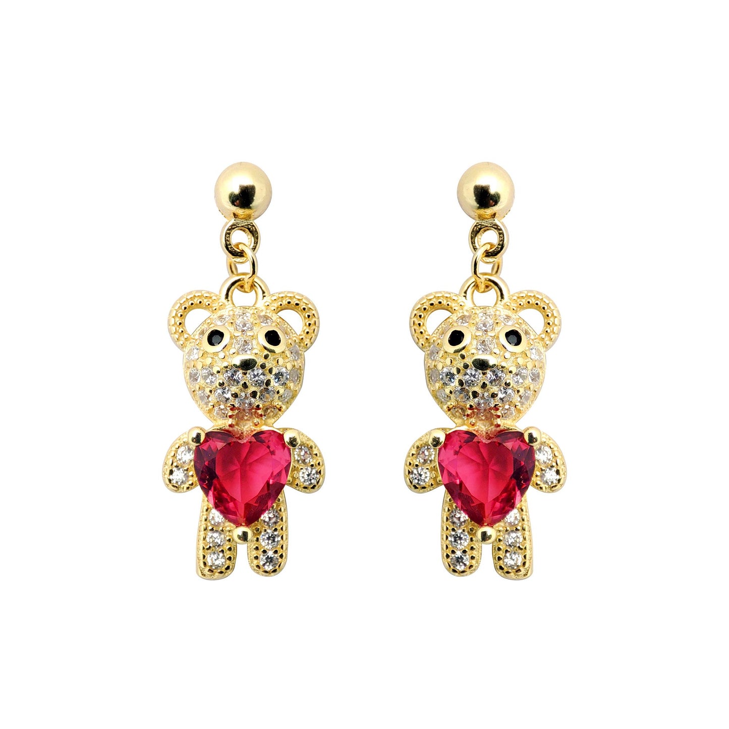 Gold-plated Silver  Red Heart CZ Teddy Bears Love Drop Earrings - AES218
